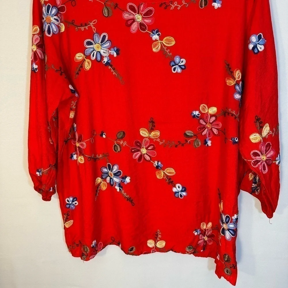 Ann & Rose Boho Embroidered Red Floral 3/4 Puff Sleeve Tunic Top Blouse Size 1X - Picture 9 of 10